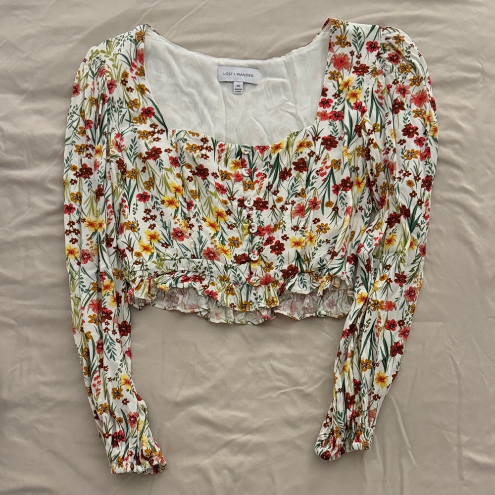 Lost + Wander Floral Cropped Blouse - Red, Yellow, Green on White